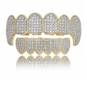 Hip Hop Jewelry Full Cubic Zircon Fangs Tooth Top Bottom Grills D Mouth Punk Teeth Caps Cosplay Party Rapper 240109