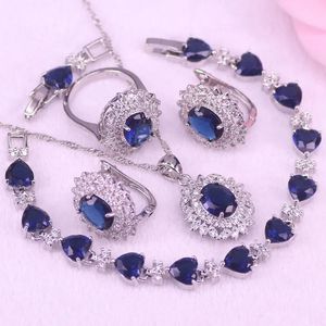 Imposta la fabbrica direttamente vendite pietra blu colore argento costume orecchini a cerchio collana anello con braccialetto set gioielli da sposa