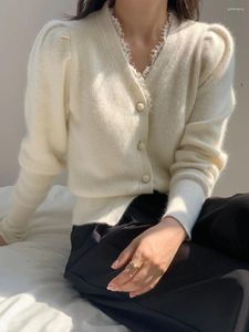 Women's Knits Cardigan Wool Splicing Lace Puff Long Sleeve V-Neck Slim Knitted Sweater 2024 Autumn