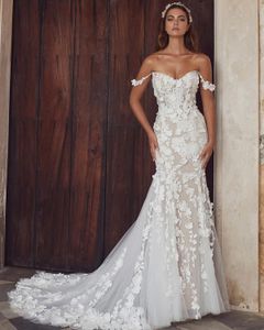 Abiti da sposa eleganti a sirena Abiti da sposa in pizzo 3D con applicazioni floreali senza maniche Abiti da sposa con spalle scoperte Illusion Abito da sposa