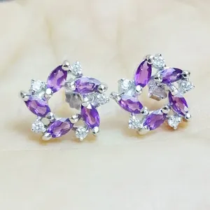 Stud Earrings Natural Real Purple Amethyst Flower Earring 925 Sterling Silver Fine Jewelry 0.1ct 10pcs Gemstone C943001