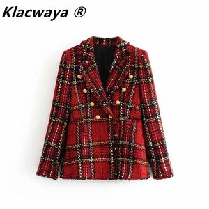 Tweed kadınlar kırmızı ekose blazers kış moda vintage ceketler kadın patchwork blazer katlar kızlar şık kıyafet kıyafetleri 240109