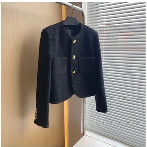 Short Long Sleeve Gold Button Top Elegant Winter Wool Tweed Jacket for Women Luxury Autumn Vintage Coat Womens Outerwear 240109