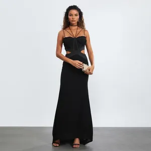 Vestidos casuais recorte cintura simétrica espaguete cinta festa noite mulheres verão halter sem mangas magro vestido longo