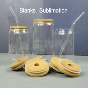 2022 Sublimation Glass Beer Mugs with Bamboo Lid Straw DIY Blanks Frosted Clear Can Shaped Tumblers Cups Heat Transfer 15oz Cockta272R