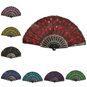 Vintage Sequins Dancing Fan Folding Fan Japanese Pattern Art Craft Gift Home Decoration Ornaments party Hand Fan Creative Design Peacock Fans