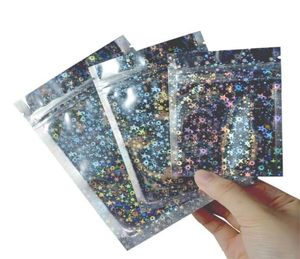 Återförslutningsbara luktsäkra påsar foliepåse platt mylar väska för fest gynnar matlagring holografisk färg med glitter star5104692