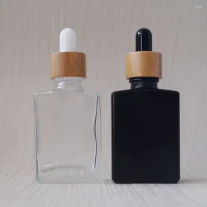 Бутылки для хранения оптом, 30 мл, квадратная бутылка-капельница, стеклянная матовая черная/белая матовая банка с бамбуковой крышкой