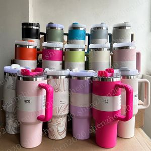 Vaso de acero inoxidable 2.0 de 40 oz con asa, tapa con logotipo, pajita, botellas de agua de gran capacidad y taza linda con caja de regalo, tazas de agua de cerámica, taza de café