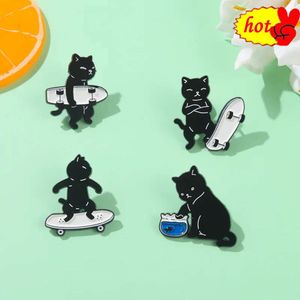 black white sporting skiiing cat carton metal design Badges Brooch Enamel Pins label Bag Backpack hat Jewelry gift