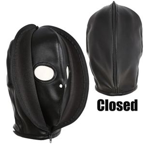 Maschera per il sesso chiusa con cerniera in pelle a doppio strato Maschera per il sesso chiusa Imbracatura per la testa Schiava Maschera per gli occhi aperta con maschere per il foro di respirazione SM Toys 240109