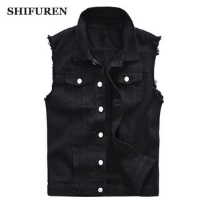 SHIFUREN Men Cotton Ripped Jeans Sleeveless Jacket Black Denim Vest Singlebreasted Male Hip Hop Washed Cowboy Waistcoat 240109