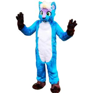 Halloween Blue Husky Fox Mascot Costume Högkvalitativ anpassning av tecknad plysch tand anime temakaraktär vuxen storlek jul karneval fancy klänning