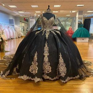 Black Quinceanera Dresses Vestido De Debutante Para 15 Anos Royal Blue With Cape Lace Applique Sequin Mexican Girls XV Pageant Gowns YD 328 328