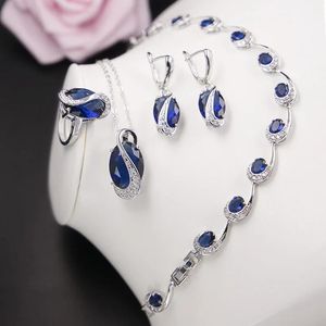 Armband örhängen halsband sätter xutaayi blå kubik zirkoniumsilver 925 smycken set kvinnor med örhängen armband halsband hängande ring födelsedagspresent