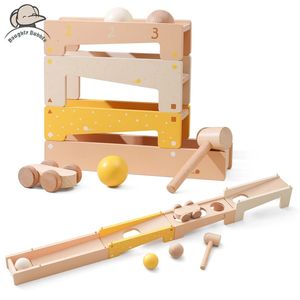 Träbanan Montering Toy Montessori Toys Trolley Baby Shape Tapping Training Hand and Foot Building Blocks 240110