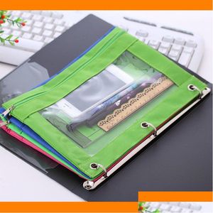 Packing Bags Wholesale Zippered Binder Pencil Pouch 3 Ring Rivet Enforced Hole School Pen Case Desktop Storage Bag With Clear Window Dhreu