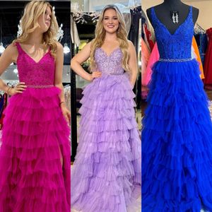 Abito da festa formale a strati lunghi 2k24 Tulle lilla con maxi spacco Lady Pageant Prom Evento serale Hoco Gala Cocktail Abito da ballo sul tappeto rosso Servizio fotografico Corsetto in pizzo trasparente Fucsia