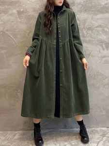 Corduroy Coats zima jesień mody damskie damskie wykopy z długim rękawem sukienka vintage luźna damska odzież solidna szlafrok 240109