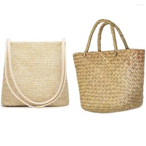 Abendtaschen 2 Stück Damenhandtasche Mode Stroh gewebte Tragetasche Große Sommer-Strand-Umhängetasche - Beige Primärfarbe