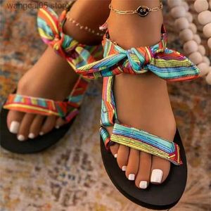 Сандалии Новые летние женские сандалии Цветные повседневные туфли на плоской подошве со шнуровкой и бантом для женской моды 2023 Открытый леопардовый пляжный Mujer T240110
