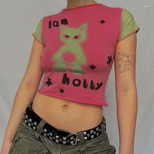 女性用Tシャツ夏Y2Kミレニアムスタイルガールミーミースターのピープルプリントコントラスト色のショートスリーブTシャツKawaiiかわいいピンクトップ