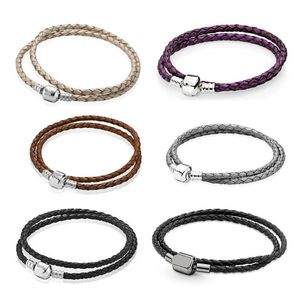 Bangles S925 Sterling Silver Pan Double Loop Leather Bracelet For Women Fit Original Beads for Jewelry Making Planet War DIY