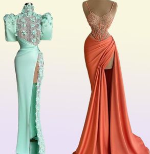 2021 Spaghetti Straps Evening Dresses Ruched Side Split Lace Beaded Formal Prom Party Gowns Elegant vestido de novia7591624