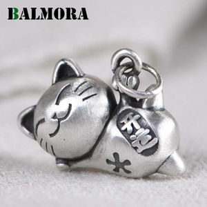 Pendants BALMORA Original 990 Pure Silver Cute Cat Pendant For Women Retro Good Luck Pendant Thai Silver Charm Jewelry Gift Without Chain