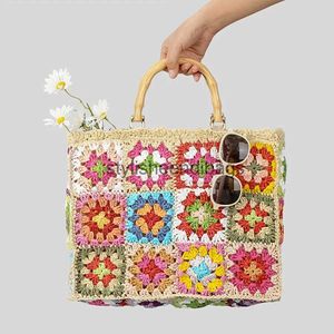 Totes Bohemian Granny Square St Handbags Casual Paper Woven Bamboo Handle Women Hand Bags Handmade Summe Beach Bag Large Tote Pursestylisheendibags