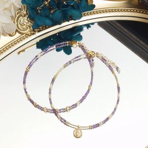 Anklets Lii Ji Natural Amethyst 2mm Crystal Beaded Anklet 24+3cm Handmade Bohe Fashion Jewelry For Female