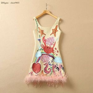 Rund ärmlös hals sommar 2022 Multicolor Starfish Crab Print Paneled Feather Short Mini Dress Elegant Casual Dresses 22Q151630 ES