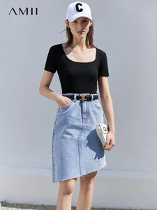 Camiseta amii minimalismo mulher saias jeans 100% algodão assimétrico casual moda oficial senhora saia jeans para mulheres saia midi 12240364