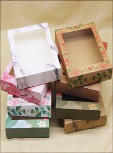 Boîtes d'emballage Emballages cadeaux Boîte en papier Papiers kraft Motifs exquis Fenêtre en PVC Différentes couleurs Conteneurs imprimés pour l'emballage8857916