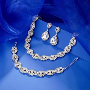 Necklace Earrings Set 3Pcs Jewelry Rhinestone Teardrop Pendant Faux Crystal Choker Bracelet Wedding Party Accessory