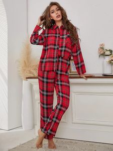 Kırmızı ekose kadın pijamalar 2 adet pijama üstü pantolon Sonbahar Kış Pijamas Homewear Giysileri Ön Düğmesi Göğüs Cepi 240110