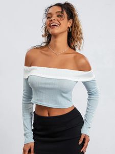 Women's T Shirts Wsevypo Women Off-Shoulder Crop Tops Contrast Color Long Sleeve Casual Shirt Streetwear Aesthetic Clothes Slim Fit