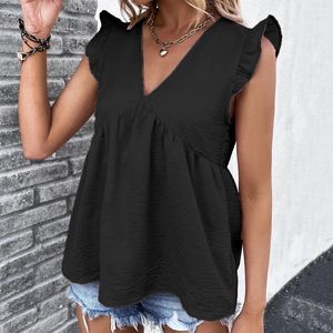 Bluzki damskie 2024 Summer eleganckie mody falowane z rękawem bluzka bluzka kobieta ubranie ulica V-denia luźne solidne koszulki żeńska koszulka żeńska
