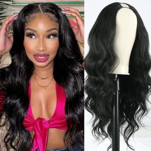 V Part Wig Body Wave Synthetic Wigs for Women 24inch Black Hair Glueless Full Head Clip in Half No Leave Out 240110