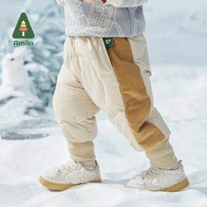 Amila Baby Boys Down Pants Winter Warm Solid Color Pant Kids Oregelbundna sömmar Casual Bottoms 240109