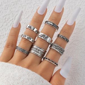 Anéis de cluster 9 pcs hiphop vintage prata cor anel conjunto 2024 na moda banhado retro charme jóias borboleta lua estrela dedo junta bague