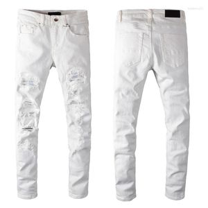 Mäns jeans Vita nödställda smala monterade byxor Streetwear Ribs Patchwork Skinny Stretch Holes High Street Ripped Jeans