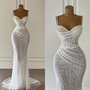 Denizkızı gelinliklerine bakın Spagetti kayışları Gelinlikler Sequined Boncuk Illusion Sweap Train Robe Gelin Elbise