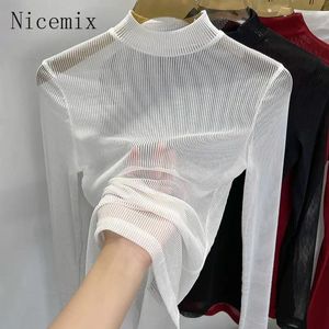 Mulheres Camisetas Meia Alta Pescoço Gaze Malha Bottom Camisa Para Mulheres Manga Longa T-shirt Top Transparente Branco Slim Fit Fino Lace Sexy