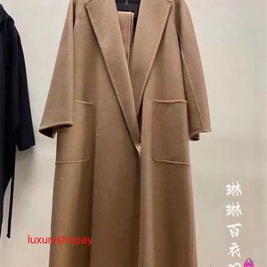Maxmaras Women's Wrap Coat Camel Hair Coats Authentic 23 Classic Nina Series Long Solid Color Polo Collar Waist Wrapped Long Sleeve Woolen Coat for Women RJYQ