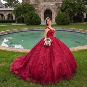 Czerwona suknia balowa maskarada sukienki Quinceanera Girls Satin Off ramię 3D Kwiki kwiatowe Frezowanie Sweet 15 Vestidos Graduation Party Sukienka YD