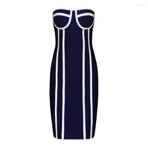 Casual Kleider Frauen 2024 Sommer Dark Navy Blau Sexy Gestreiften Trägerlosen Outfit Mode Bodycon Party Club Tragen Verband Kleid Großhandel