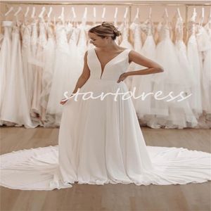 Spring Boho Country Wedding Dress Court Train Sexig V Neck spetsar Back Beach Brudklänningar Vit Flödande Chiffon Garden Bride Dress för Curvy Women Robe de Mariee 2024 Chic