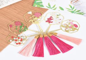 Retro flower Fan Metal Bookmark Chinese style tassels Pendant Book mark for children student gift School Office Supplies8250437