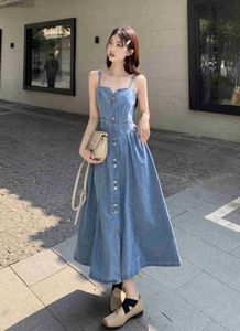 Basic Casual Dresses French Denim Suspender Dress For Women's Summer New Waistband Slimming Decoration Length Large Swing Strap Vestidos YQ240110